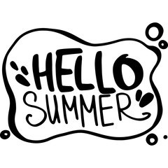 Digital illustration cute doodle black outline hand lettering in cloud hello summer. Print for paper, fabrics, textiles, banners, posters, web design, stamps.