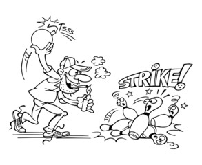 Bowling player throws a dynamite ball on bowling skittles and hits strike, black and white cartoon