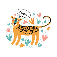 Character is a cute leopard in tropics. Flat vector illustration. Big wild cat. Funny animal. Design, for printing on fabric, clothing, packaging paper, bedding, printing, cards. Baby background.