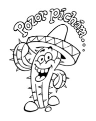 Cactus with Mexican sombrero screaming Attention sting, black and white cartoon
