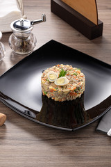 Delicious fresh salad. Traditional russian salad 