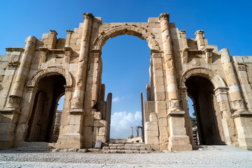 South gate of the ancient Roman city of Gerasa, modern Jerash in Jordan. Archaeological site of...