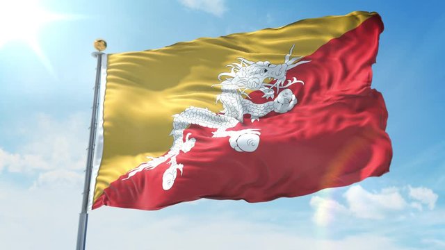 Bhutan flag waving in the wind against deep blue sky. National theme, international concept. 3D Render Seamless Loop 4K