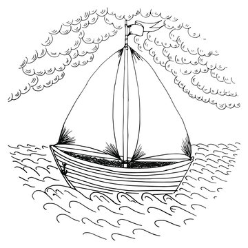A vector sketch of a boat with sails swinging on the waves.