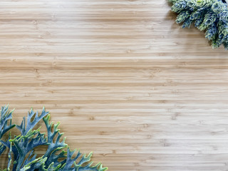 Top view of fern plant on wooden bamboo background. Flat lay for background and texture with copy space.