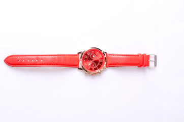 luxury fashion watch with blue dial and brown crocodile grain leather watch band