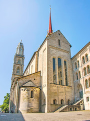 Fototapeta na wymiar Grossmunster cathedral side view in Zurich in Switzerland in summertime
