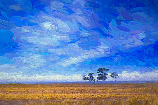 Beautiful landscape of Dry meadows and blue sky in Teletubbies Hill and Savanna at Bromo Tengger Semeru National Park, East Java, Indonesia. Abstract oil painting.