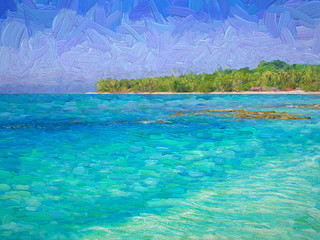 Beautiful image of Panasia Island fresh green sea water and the clear blue sky in summer time. Louisiade Archipelago, Papua New Guinea. Abstract oil painting.