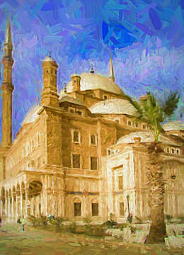 The colors of the bright sunny day in the side view of The Great Mosque of Muhammad Ali Pasha, Cairo, Egypt. Abstract oil painting.