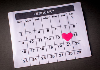 Calendar sheet with a heart on the date February 14
