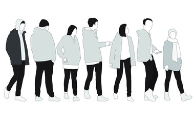 Vector silhouettes of  men and a women, a group of standing and walking  business people,  linear sketch, black color isolated on white background