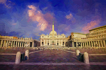 Obraz premium The amazing panorama landscape picture of Saint Peter Square and Saint Peter Basilica in evening of summer time. Vatican City, Italy. Abstract oil painting.