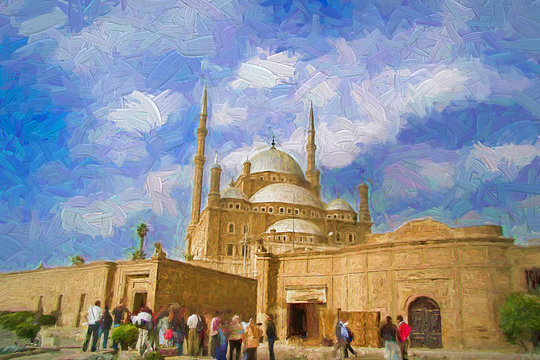 Groups of tourist visiting The Great Mosque of Muhammad Ali Pasha in the afternoon, which is one of the landmarks and attractions of Cairo, Egypt. Abstract oil painting.