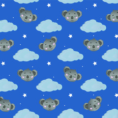 Pattern with a sleeping koala against a starry sky. Sweet dreams of babies. Koala print.