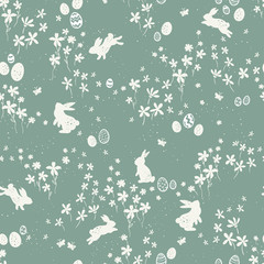 Materiał do szycia Cute ha nd drawn bunnies in a flower meadow, sweet easter pattern, with rabbits, flowers, easter eggs - great for textiles, easter cards, banners, wallpapers - vector design