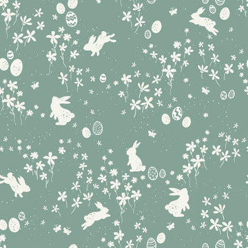 Cute ha nd drawn bunnies in a flower meadow, sweet easter pattern, with rabbits, flowers, easter eggs - great for textiles, easter cards, banners, wallpapers - vector design