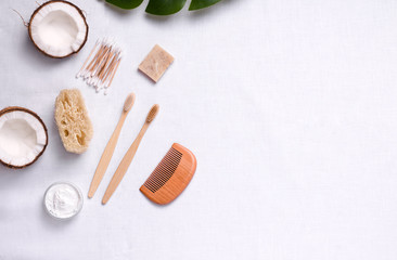 wooden bath accessories. have copy space. Zero waste concept