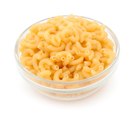 Dried pasta in a transparent bowl.