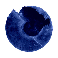 Abstract indigo ink wash painting with circle on white background. Traditional Japanese ink painting.  Artwork for poster, card, banner, book, cover.