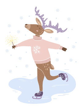 Festive deer ice skating with sparkler in a pink sweater.