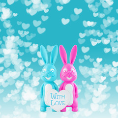 Valentine's day card, cute bunnies happy lovers couple with white heart on blue bokeh background. Family love and dating concept.Easter banner. Pink and blue rabbits.Creative minimal style,copy space