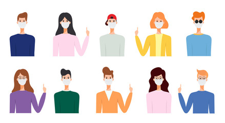 People wearing medical mask, virus protection, PM 2.5, air pollution, step to wearing medical mask, vector illustration