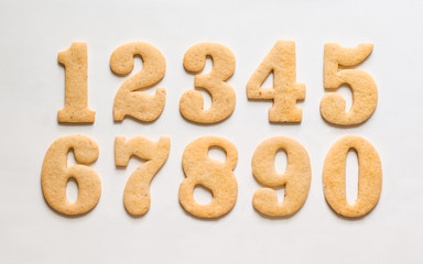 A set of sugar cookies / gingerbread cut in the form of numbers one, two, three, four, five, six, seven, eight, nine, zero on a white background.