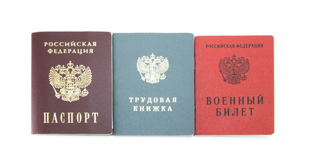 Passport, work book and military ID of the Russian Federation. Documents of Russia on a high quality white isolated background.  High quality.