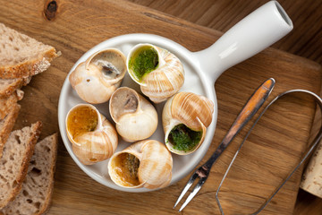 delicious dish with stuffed snails under different sauces. Dish of snails on a plate close up. Snails baked with sauce, Baked snails with butter and spice