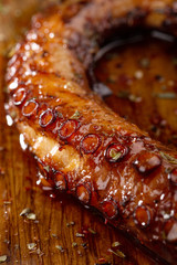 grilled octopus with vegetables. Grilled octopus, traditional Mediterranean dish. Macro Close up of Octopus appetizer