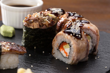 Fresh delicious Japanese sushi. Sushi rolls set
