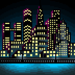 Pixel art city landscape vector illustration. Cityscape at night.