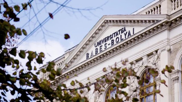 Slow motion of the Cluj-Napoca Babes-Bolyai University classical building pediment. Romania