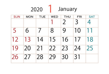 2020年　カレンダー　1月