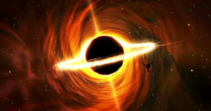 Black hole exploration by spacecraft. Vortex in galaxy center with massive object. Dark star with energy swirl ring. Deep space research. Cosmos, science, gravitation and astronomy abstract concept.