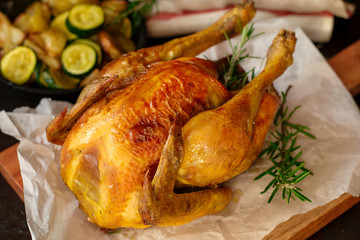Homemade juicy roast chicken with rosemary