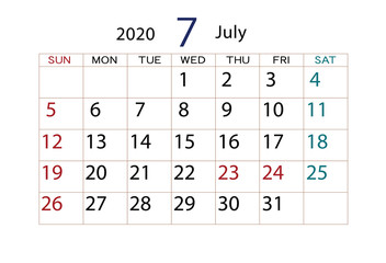 2020年　カレンダー　7月