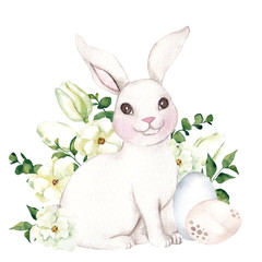 Watercolor arrangements with easter bunny and floral element, white flowers and leaves, eggs and branches of willow, isolated on white background
