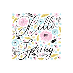 Hello spring. Spring greeting card with flowers. Vector