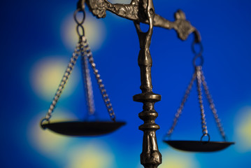Law and Justice concept. UE flag background, place for typography. Courtroom Europe theme.