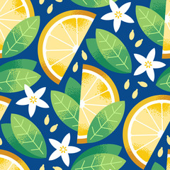 Botanical seamless pattern of lemon halfs. flowers, leaves, seeds