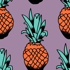 Seamless pattern of cute, bright, simple hand drawn pineapple