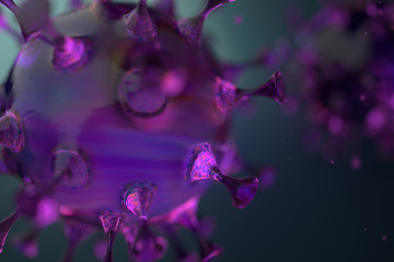 Naklejka na ściany i meble Coronavirus or Virus group of purple cells through a Microscopic view floating in fluid 3D illustration