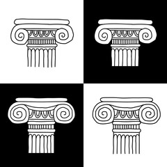 Set of ancient greek, roman columns, pillars, orders. Hand drawn linear silhouettes