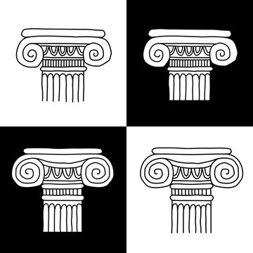 Set of ancient greek, roman columns, pillars, orders. Hand drawn linear silhouettes