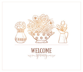 Greeting card with three bouquetes of garden flowers and place for your text on white background.