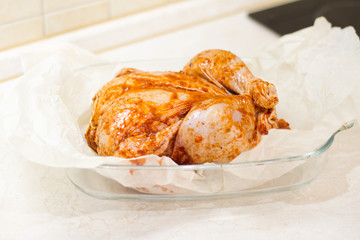 marinated chicken with seasonings. step-by-step recipe. baked meat in the oven. delicious and juicy white meat. dietary food.the view from the top. space for text.