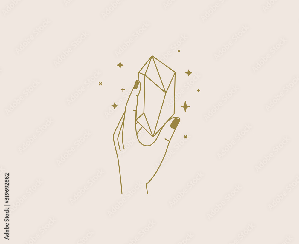 Poster Vector abstract logo design template in simple linear style - hands and stars - mystic abstract symbol for cosmetics and packaging, jewellery, hand crafted or beauty products