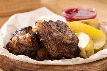  Grilled ribs. grilled and barbecue ribs pork. Juicy barbecue pork ribs beer.